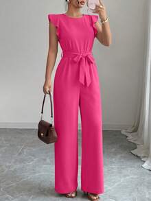 Women Summer Overall One Piece Jumpsuit Crew Neck Ruffle Cap Sleeve Self Belted High Waist Wide Leg Straight Romper With Pockets Spring Casual Beach Vacation Holiday Outfits - 玫紅色 - 查看 5