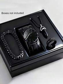 4pcs Men's Gift Set, Minimalist Scale Leather Quartz Watch, Arrow Pendant Necklace, Bracelet, Ring Set, With Round Dial And Synthetic PU Leather Strap, Suitable For Business Occasions, Birthday Gift - Black - View 7