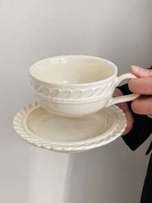 1 pieza Juego de taza y platillo de café con encaje floral de color crema vintage, taza de cerámica elegante, taza de desayuno para pareja creativa, taza para leche, taza para arte de café con leche, plato para postre, adecuado para restaurante, sala de estar, cafetería, tienda de postres - Multicolor - Ver 6