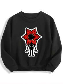 Girls' Demogorgon Graphic Sweatshirt,Crew Neck Long Sleeve Pullover, Print Top, Casual Streetwear For Kids & Teens - 黑色 - 查看 2