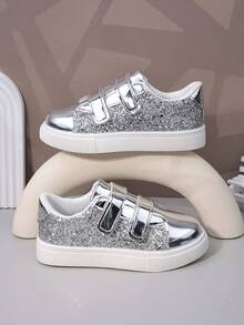 儿童运动鞋，幼儿运动鞋，新款春秋季纯色魔术贴休闲运动鞋，厚底透气男女童跑步鞋，校园休闲学生皮鞋 - 銀色 - 查看 2