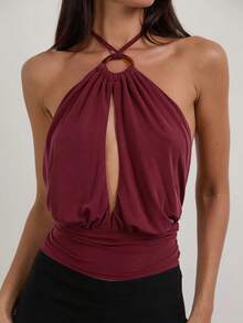 Women Y2K Solid Color Plunge Top Causal Cowl Neck Sleeveless Slim Fit Backless Halter Shirt Summer Streetwear - 紅色 - 查看 3