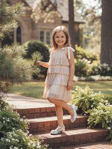 Toddler Girls Sequin Dress Sparkly Princess Birthday Pageant Party Dresses Little Girls Tie Shoulder Layered Dress - 金色 - 查看 5