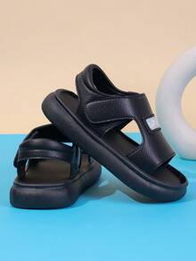 1 Pair Unisex New Style PU Hook And Loop Design Flat Open Toe Sandals, Soft Sole Non-Slip Children Beach Shoes, Suitable For Summer - Black - View 6