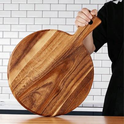 1pc Acacia Wood Cutting Board With Handle - Kitchen Chopping Board, Round - Natural Wood, Suitable For Cutting, Serving Fruits, Cheese, Charcuterie, Etc. - Smooth Large Prep Surface, Dual-Purpose Serving Tray | Perfect For Home Kitchen And Dining, Essential Kitchen Accessory | Round Pizza Board | Wooden Board, Wooden Pizza Peel, Pizza Serving Board, Kitchen Supplies