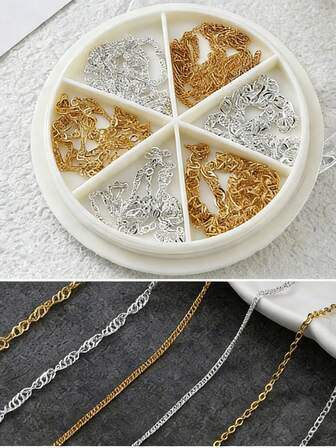 6 st/set blandade metallkedjor nagelsmycken tillbehör, pistol svarta och grå kedjor nageldekor, nagelkonsttillbehör