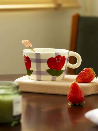 1pc Ins Style Hand-Painted Tulip Ceramic Mug With Handle, Household Breakfast Milk Oatmeal Cup, Office Water Cup, Afternoon Tea Coffee Cup, Latte Art Cup, Juice Beverage Cup, Couple Water Cup, Holiday Gift Cup For Family And Friends