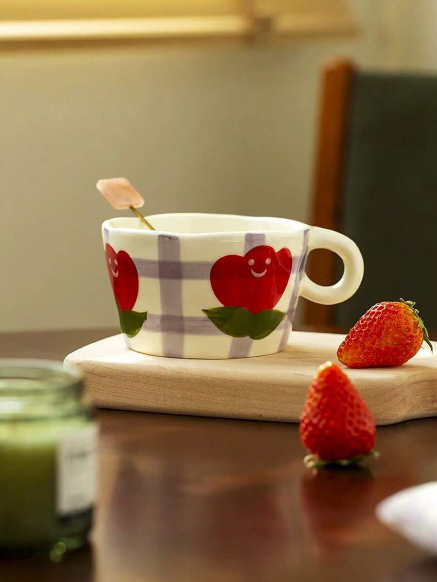 1pc Ins Style Hand-Painted Tulip Ceramic Mug With Handle, Household Breakfast Milk Oatmeal Cup, Office Water Cup, Afternoon Tea Coffee Cup, Latte Art Cup, Juice Beverage Cup, Couple Water Cup, Holiday Gift Cup For Family And Friends