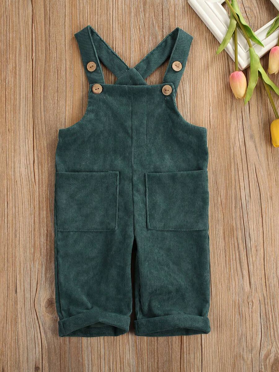 Baby Boy Girl Velvet Overalls Solid Suspender Bib Pants One-Piece Strap Jumpsuit Pocket Fall Winter Outfit - 軍綠色 - 查看 1