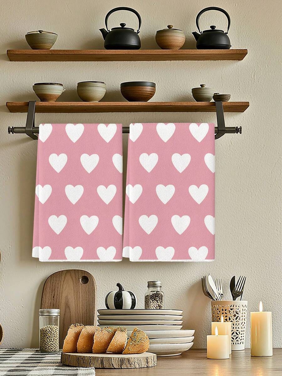 2 Pcs Red And Pink Heart Shaped Hand Towels Happy Valentine's Day Soft Absorbent Cleaning Cloths Tea Towels Romantic Decorative Kitchen Cloths Guest Room Gym Hand Towels - Pink - View 1