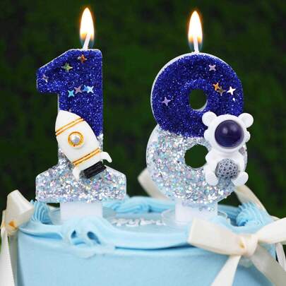 قطعة واحدة شمعة كعكة ديكور بتصميم صاروخ وفضائي ذو نجوم لامعة من الأرقام 0-9، ديكور حفلة عيد ميلاد الأطفال ذات موضوع الفضاء والكواكب، مناسبة للأعياد والمناسبات والحفلات الراقية وتجمعات المنزل في الشاطئ والغابة والحديقة والتخييم