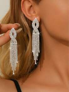 2pcs/Set Tassel Style Bridal Women's Fashionable Rhinestone Earrings, Simple Earrings Suitable For Dances, Parties, And Daily Life. - Silver 80146701 - View 12