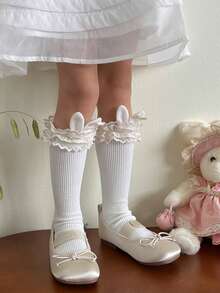 Cute Lop-Eared Rabbit Double Ruffle Crew Socks For Kids, Girls