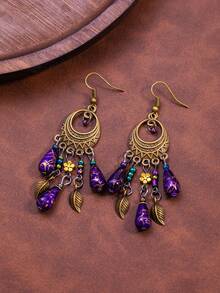 1 Pair Vintage Geometric Purple Teardrop Bead Tassel Earrings - Multicolor - View 1