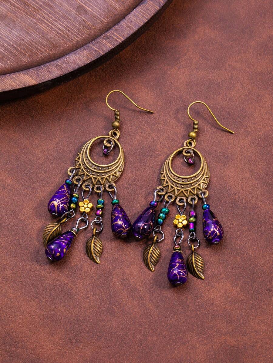 1 Pair Vintage Geometric Purple Teardrop Bead Tassel Earrings - Multicolor - View 1