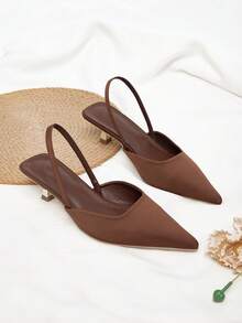 Elegant Satin Women's Pointed Toe Slip-On High Heels, Minimalist Chic Nude Strap High Heels - Brown - View 2