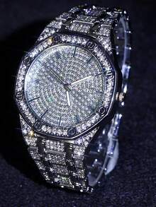 2pcs Hiphop Style Bracelet Set With Shiny Quartz Watch, Fashionable Accessories For Daily Wear, Unisex - Silver - View 8
