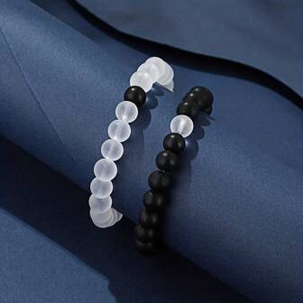 2pcs Black & Pink Beaded Bracelets, Unisex Couples Bracelet Gift, Valentine's Day Gift Black & White Bead Bracelet