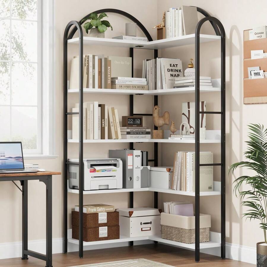 Estantería de Esquina Arqueada de 5 Niveles, Estante Industrial en Forma de L con Marco Metálico, Mueble Multiusos para Sala y Dormitorio - Blanco - Ver 1