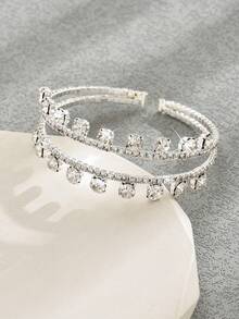 1pc Women's Luxury Elegant Double Row Rhinestone Bangle, Suitable For Daily Wear - Silver - View 4