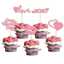 情人节快乐纸杯蛋糕装饰插牌，闪亮丘比特爱心嘴唇“做我的情人”XOXO纸杯蛋糕插签，适用于情人节主题婚礼派对蛋糕装饰用品 - 彩色 - 查看 11