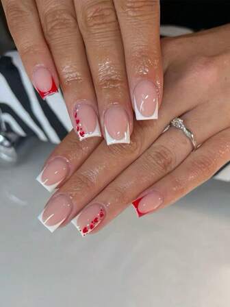 24 piezas Juego de uñas de gel con forma cuadrada, Elegante rojo brillante, Estilos de uñas francesas blancas de cobertura completa, Adecuado para mujeres y niñas. Incluye: 1 pieza de gel de gelatina y 1 pieza de lima de uñas, Fácil de usar para manicura francesa y diseño de uñas para el Día de San Valentín, Adecuado para el trabajo diario y las fiestas de las mujeres.