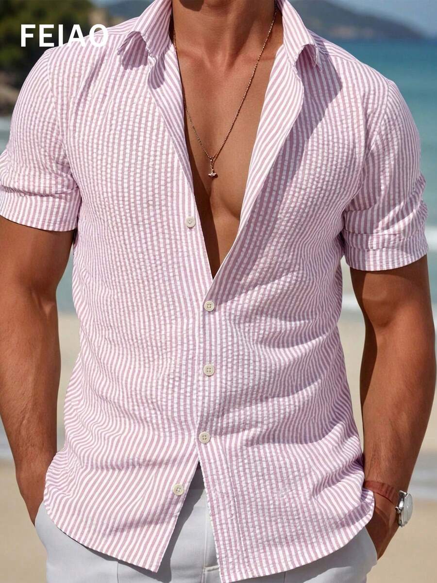 Camisa de manga corta con botones y textura de moneda vintage retro para hombres FEIAO, de tela de poliéster ligera, adecuada para todas las estaciones, casual y versátil - Rosa - Ver 1