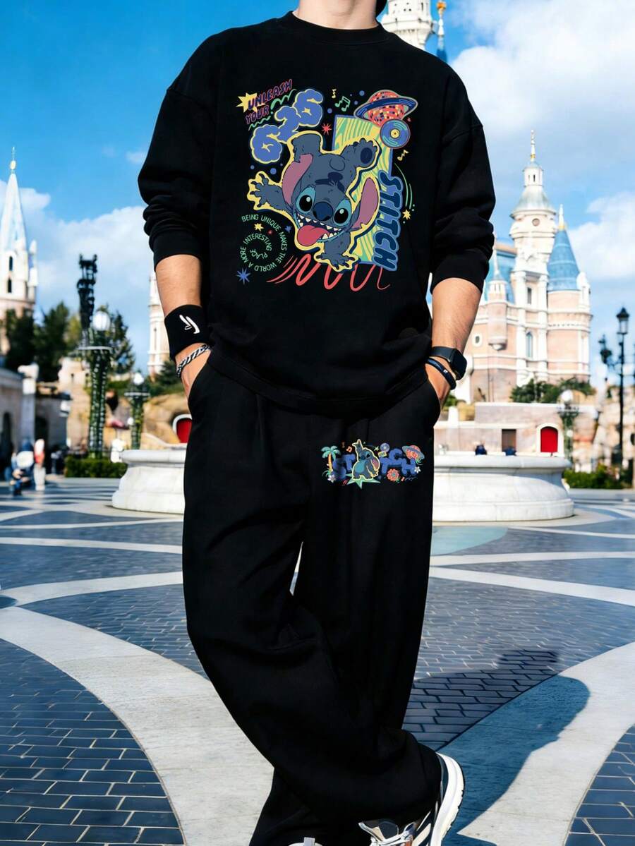 Disney Valentine's Day Gifts.Disney Men Clothesg.A Black Long-Sleeved T-Shirt With A Cute And Charming Stitch Pattern, Paired With Black Casual Sports Pants.Men 2 Pieces Set.Men Fall Clothes - Black - View 1
