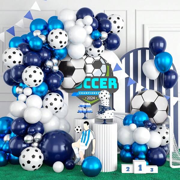 103pcs Soccer Themed Balloon Arch Wreath Set, Including Blue, White, And Silver Balloons And Soccer Foil Balloons, Perfect For Birthday Parties, World Cup-Themed Sports Party Decorations.