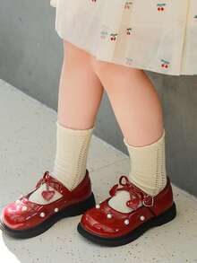 女童玛丽珍鞋，酒红色/黑色漆皮，校服鞋，珍珠装饰，魔术贴搭扣，适合派对、婚礼和日常穿着 - 紅色 - 查看 10