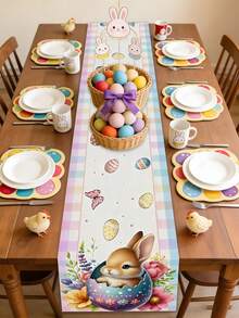 1pc Easter Table Runner, This Single Table Runner/Placemat Set Features Adorable Easter Bunny And Colorful Egg Basket Patterns, Made Of Washable Polyester Fabric With Scalloped Edge Trim, Durable For Easter Holiday, Spring Gatherings, Birthday Parties, And Family Events. Easter Home Decor, Easter Gift, Kitchen. - Multicolor - View 32