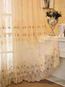 1pc European Style Embroidered Sheer Curtain, Suitable For Living Room, Balcony, Bedroom - Beige - View 8