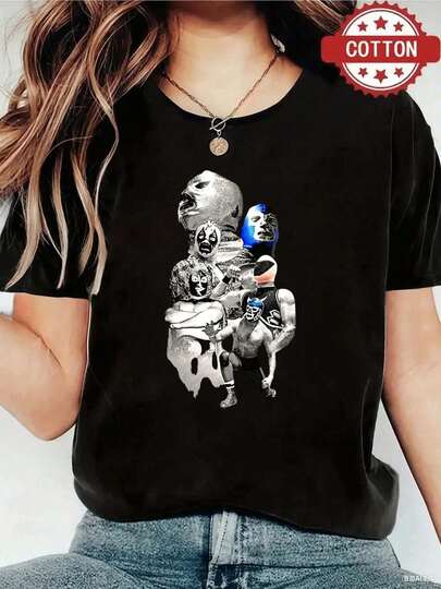 1pc blusas de mujer blusas bonitas para mujeres ropa de mujer conjuntos para mujer Lucha Libre T shirt 180g negra y blanca de algodón patrón de impresión de luchadores impresión de alta calidad de algodón cuello redondo corte básico holgado hombres y mujeres transpirable versátil lavable a máquina transpirable cómoda talla S ~ 3XL diario casual deportes imprescindible para el verano.