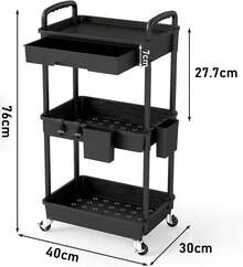 Organizador de carrito utilitario de 3 niveles con cajón extraíble, carrito de almacenamiento estable y resistente con 2 ruedas bloqueables para baño, cocina, aperitivos, manualidades, - Negro - Ver 3