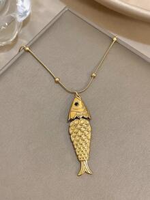 1Pc Shiny Gold Snake Chain Necklace With Textured Fish Pendant - 3D Scaled Fish Design, Lucky Nautical Jewelry For Daily Casual Stylish Looks,Valentine's Day Gift, Unisex - Multicolor - View 2