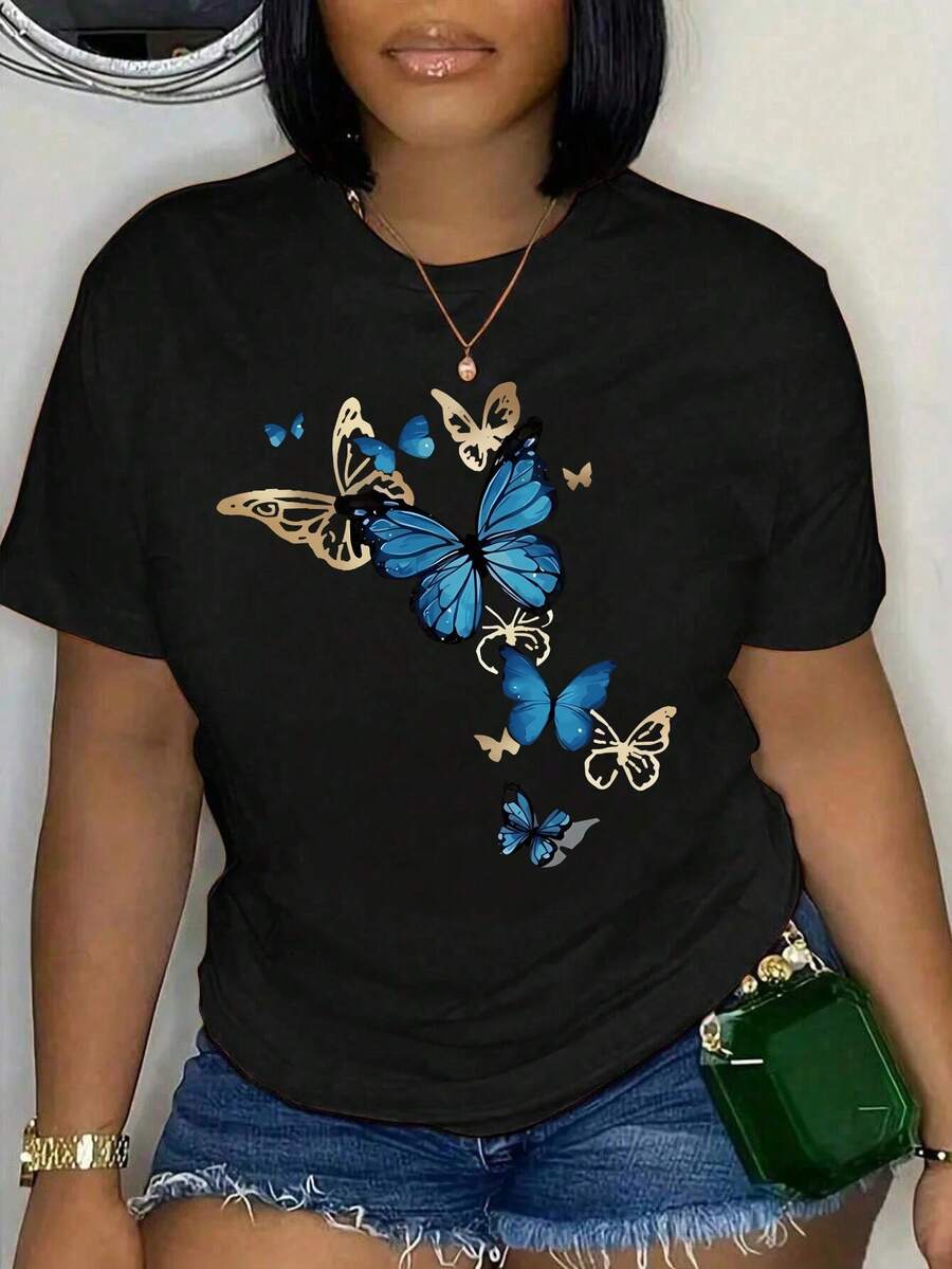 大码女式春夏蝴蝶英文标语印花休闲简约宽松舒适街头风日常圆领短袖大码T恤上衣女式图案T恤 - 黑色 - 查看 1