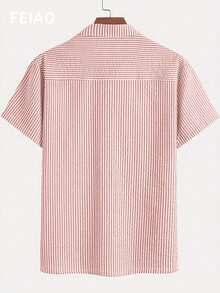 FEIAO 男士复古硬币纹理条纹短袖衬衫，休闲百搭风格，适合所有季节 - 紅木色 - 查看 2