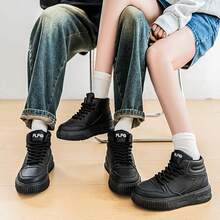 女士休闲运动鞋,新款高帮滑板鞋,厚底平底圆头套脚滑板鞋,白色透气除臭个性街头风摩托车靴,户外旅行度假真皮摩托车靴 - 黑色 - 查看 4