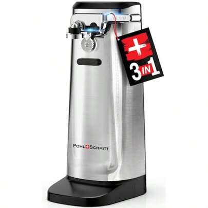 POHL SCHMITT - Abrelatas eléctrico afilador de cuchillos y abrebotellas palanca de empuje fácil funciona con latas estándar y pop-parte superior acero inoxidable duradero y accesorio de cocina ABS