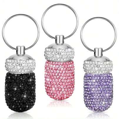Mini Bling Pill Container Pill Bottle Case Portable Travel Pill Holder Medicine Dispenser Pocket Pill Box Storage Bottle With Keychain For Travel