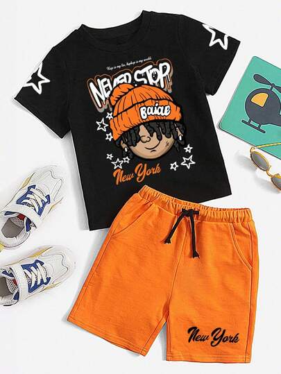 Tween Boy Cartoon Print Short Sleeve T-Shirt And Shorts Set