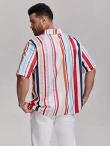 1pc Men's Contrast Color Red & White Striped Textured Polo Collar Single-Breasted Short Sleeve Shirt, Fashionable & Versatile Casual/Work Wear, Elegant For Holiday Parties, Suitable Gift For Father, Boyfriend, Dad, Friends - Red - View 3