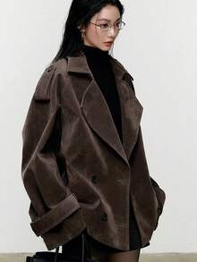 Plus Size Women Casual Jacket, Fashion Design With Lapel Collar And Double-Breasted Buttons, Suitable For Daily Wear, Commuting And Home, Ideal Choice For Spring And Autumn Seasons - Mocha Brown - View 4