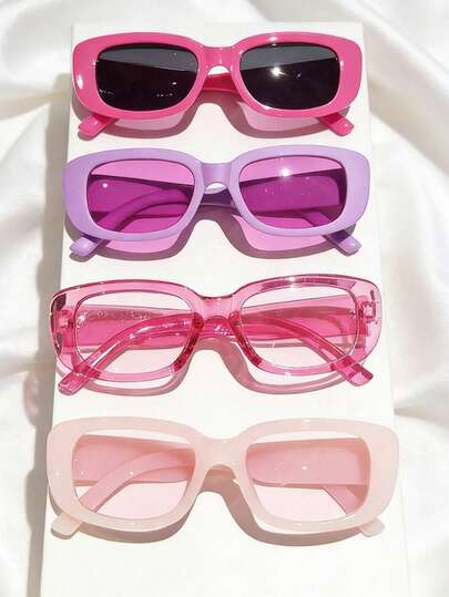 4 副粉色 Y2K 时尚复古方形眼镜，情人节必备 - 非常适合青少年派对、生日和假期。
