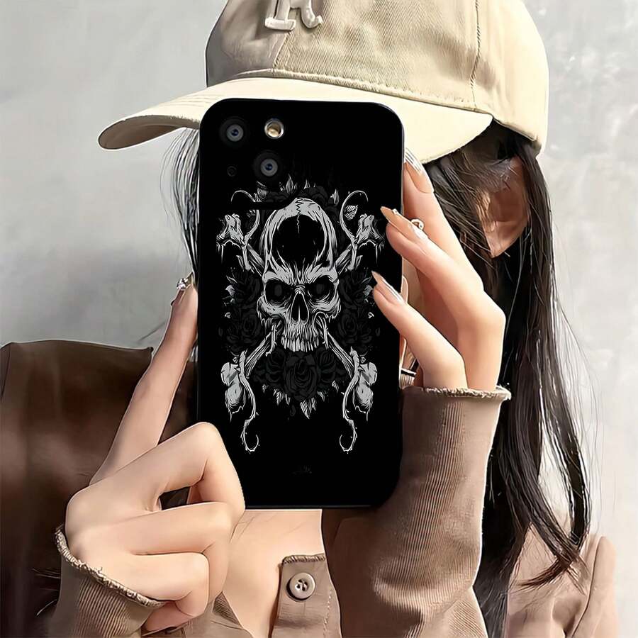 Funda para teléfono con diseño de calavera y rosas Compatible con fundas para teléfonos , 17, 16 Pro Max, 15 Pro Max, 13 y 12 Duradera, a prueba de golpes y elegante Una excelente opción para familiares, amigos, seres queridos, novios/novias y regalos de Navidad y Año Nuevo. - Negro - Ver 1