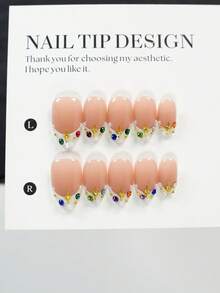 10片装手工短款压制假指甲套装，优雅简约风格，甜美少女美甲设计，杏仁形短款设计，美白压制效果，可重复使用亚克力手工压制假指甲，装饰用途，彩色水钻点缀，包含1个迷你指甲锉和1个自粘标签。 - 彩色 - 查看 13