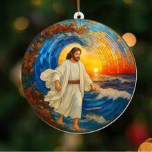 1/3 pièces Ornement décoratif coloré en acrylique de Jésus marchant sur l'eau, ornement à suspendre pour voiture, décoration religieuse chrétienne, cadeau inspirant pour hommes et femmes, porte-clés, accessoire de sac à dos, 2D - Fil multicolore-doré - Voir 1