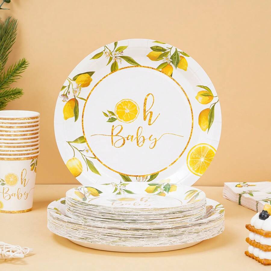 7/9英寸柠檬图案一次性派对餐盘套装，包含一次性纸盘、纸杯和餐巾纸，适用于婚礼、订婚、生日、婚宴等场合。 - 彩色 - 查看 1