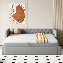 Upholstered Bed, Extendable Sofa Bed, 90*200 Cm, Classic Design With Full-Length Tufting, With Slatted Base, Multifunctional Bed/Guest Bed, Soft, Skin-Friendly Velvet Fabric, Light Grey (Mattress Not Included) - Black - View 3