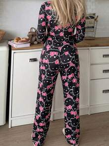SANRIO 2 piezas Conjunto de pijama de mujer HELLO KITTY, con top de manga larga y pantalones, de colores vibrantes y lindos, de moda para primavera/otoño - Negro - Ver 5